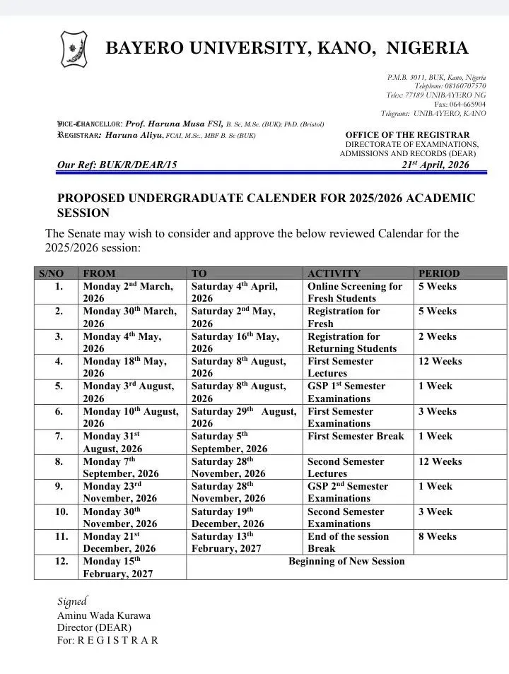 BUK Academic Calendar 2026/2027